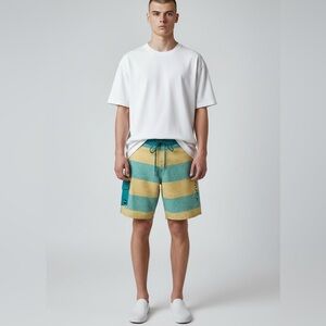 RVCA Men's Size 32 Green Yellow Performance Stretch Striped Board Shorts